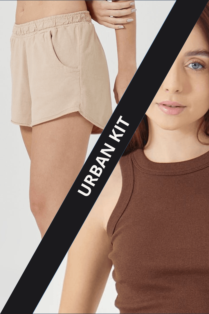 Regata Canelada Feminina Marrom Chocolate & Shorts Moletinho Feminino Bege - Urban Scars