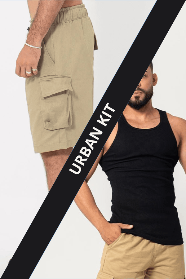 Regata Canelada Masculina Preta & Bermuda Cargo Caqui - Urban Scars